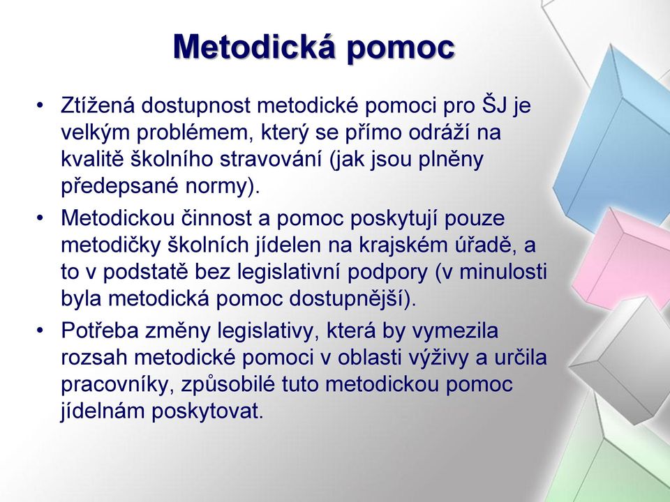 Metodickou činnost a pomoc poskytují pouze metodičky školních jídelen na krajském úřadě, a to v podstatě bez legislativní