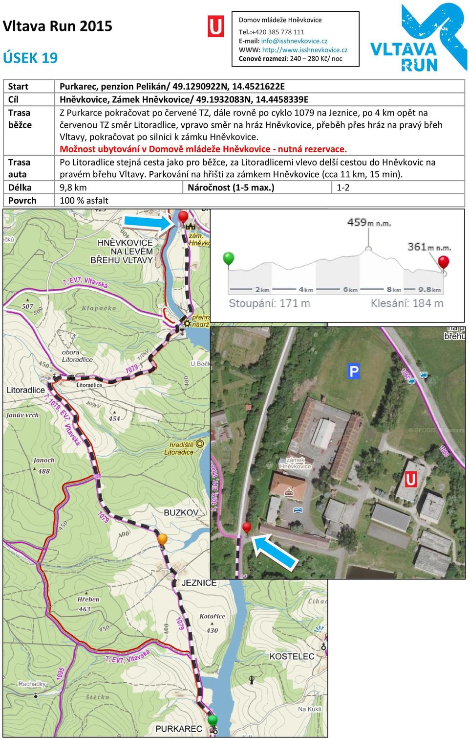 4458339E Z Purkarce pokračovat po červené TZ, dále rovně po cyklo 1079 na Jeznice, po 4 km opět na červenou TZ směr Litoradlice, vpravo směr na hráz Hněvkovice, přeběh přes hráz na pravý břeh