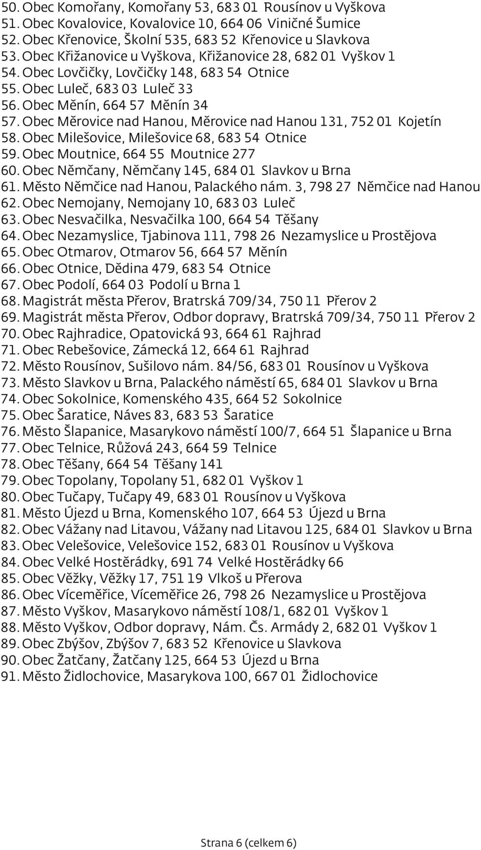 Obec Měrovice nad Hanou, Měrovice nad Hanou 131, 752 01 Kojetín 58. Obec Milešovice, Milešovice 68, 683 54 Otnice 59. Obec Moutnice, 664 55 Moutnice 277 60.