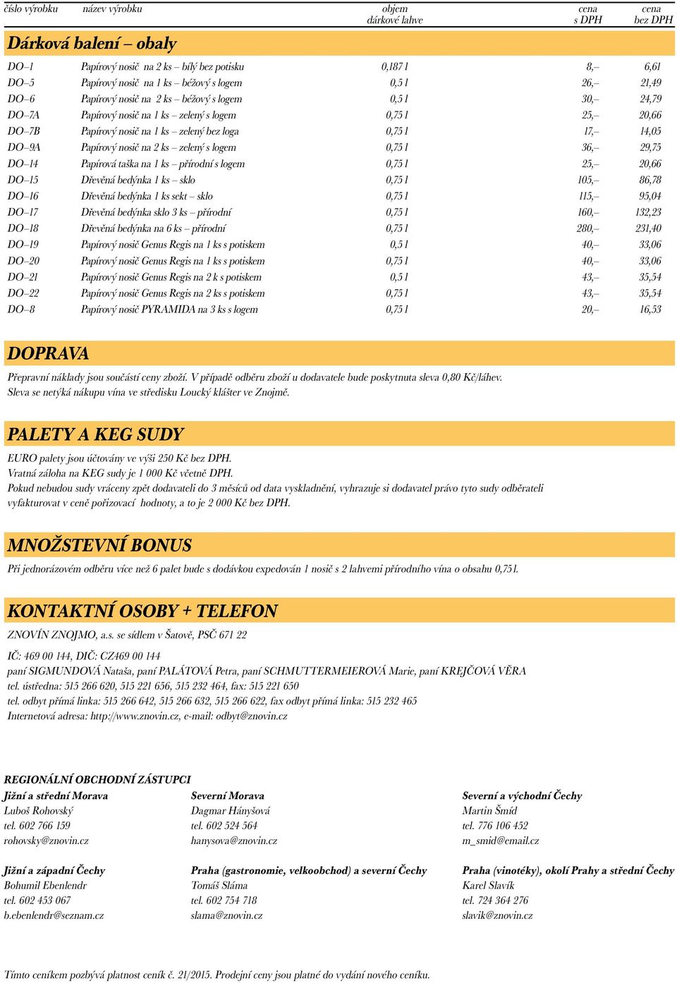 DO 9A Papírový nosič na 2 ks zelený s logem 0,75 l 36, 29,75 DO 14 Papírová taška na 1 ks přírodní s logem 0,75 l 25, 20,66 DO 15 Dřevěná bedýnka 1 ks sklo 0,75 l 105, 86,78 DO 16 Dřevěná bedýnka 1