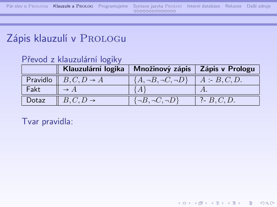 Prologu Pravidlo B, C, D A A, B, C, D A :- B, C, D.