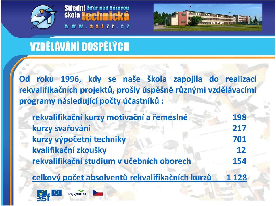 rekvalifikační kurzy motivační a řemeslné 198 kurzy svařování 217 kurzy výpočetní techniky 701