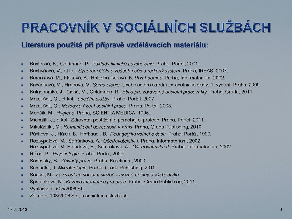 Učebnice pro střední zdravotnické školy. 1. vydání. Praha, 2009. Kutnohorská, J., Cichá, M., Goldmann, R.: Etika pro zdravotně sociální pracovníky. Praha, Grada, 2011 Matoušek, O., et kol.