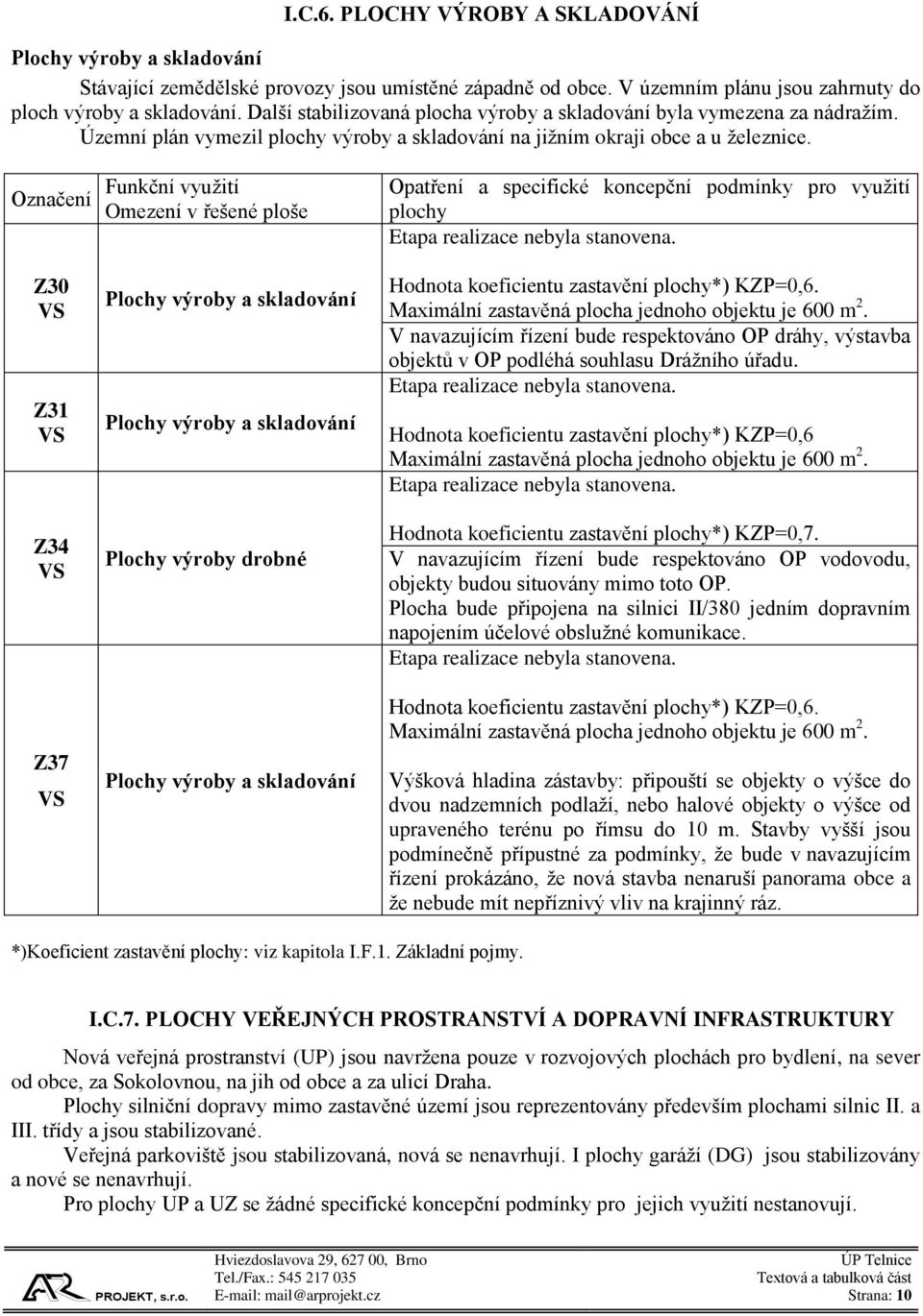 Označení Z30 VS Z31 VS Z34 VS Z37 VS Funkční využití Omezení v řešené ploše Plochy výroby a skladování Plochy výroby a skladování Plochy výroby drobné Plochy výroby a skladování Opatření a specifické