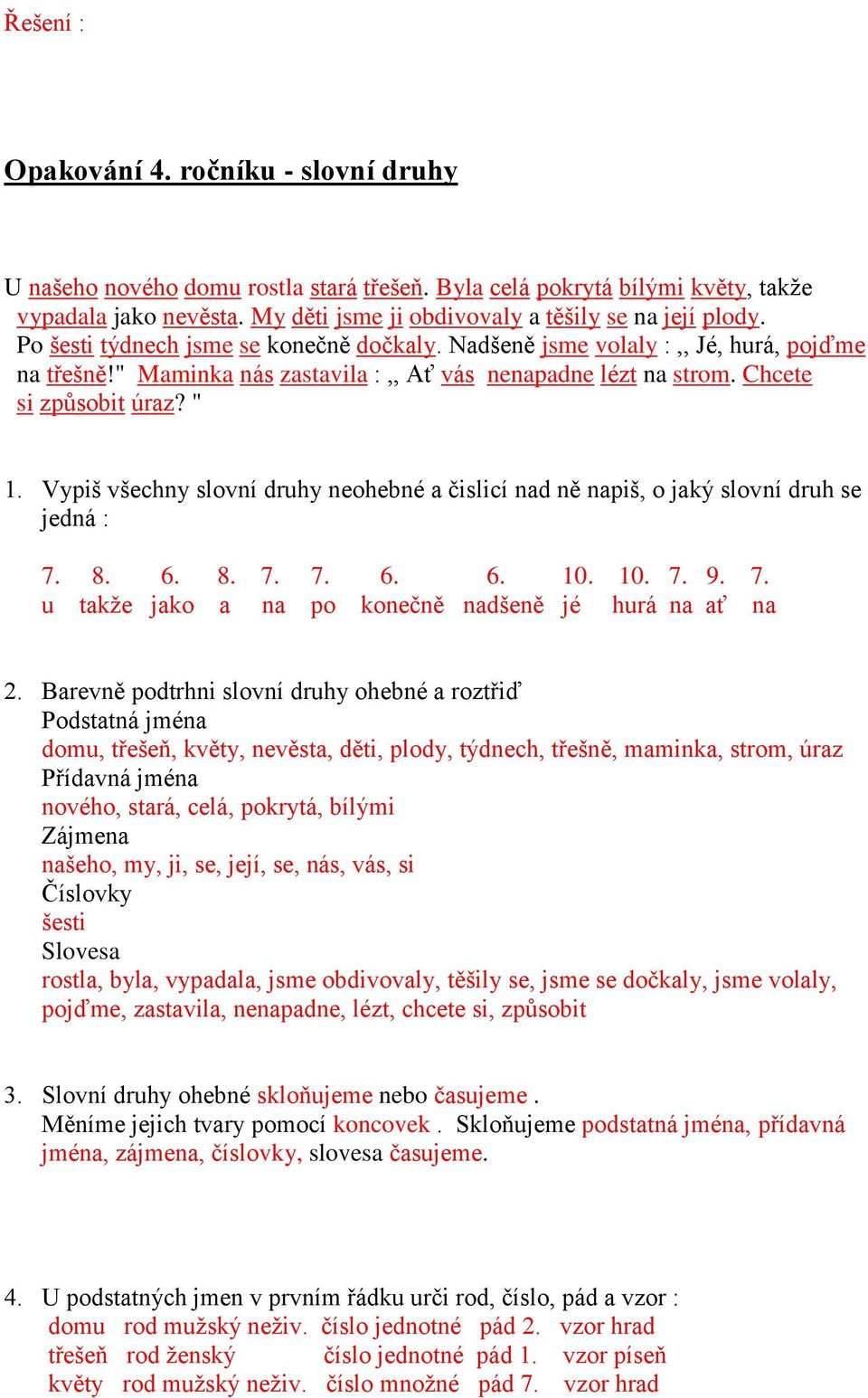 " Maminka nás zastavila :,, Ať vás nenapadne lézt na strom. Chcete si způsobit úraz? " 1. Vypiš všechny slovní druhy neohebné a čislicí nad ně napiš, o jaký slovní druh se jedná : 7. 8. 6. 8. 7. 7. 6. 6. 10.