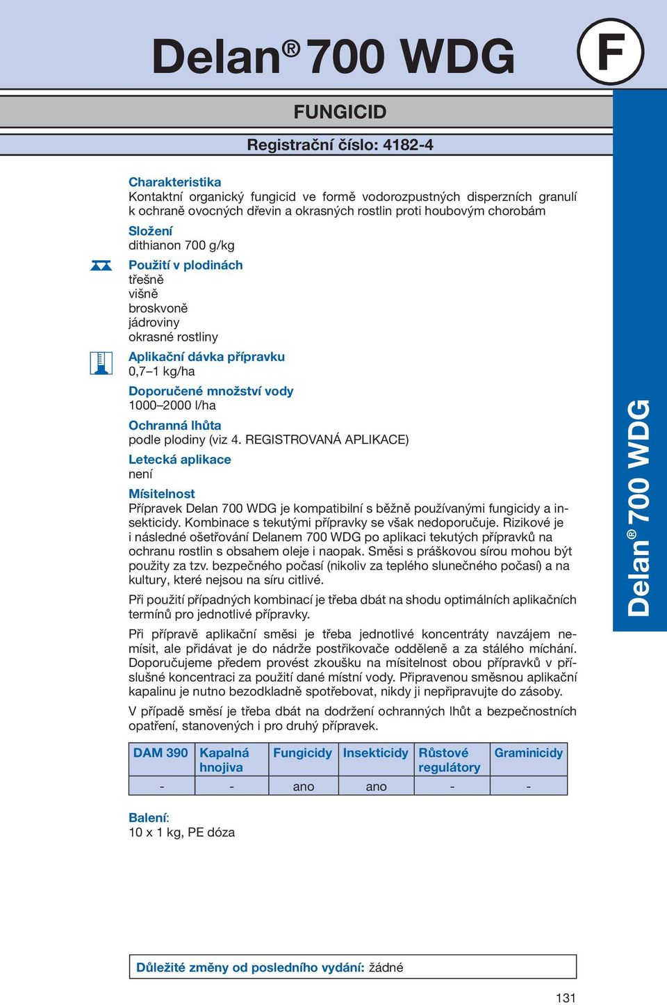 plodiny (viz 4. Registrovaná aplikace) Letecká aplikace není Mísitelnost Přípravek Delan 700 WDG je kompatibilní s běžně používanými fungicidy a insekticidy.