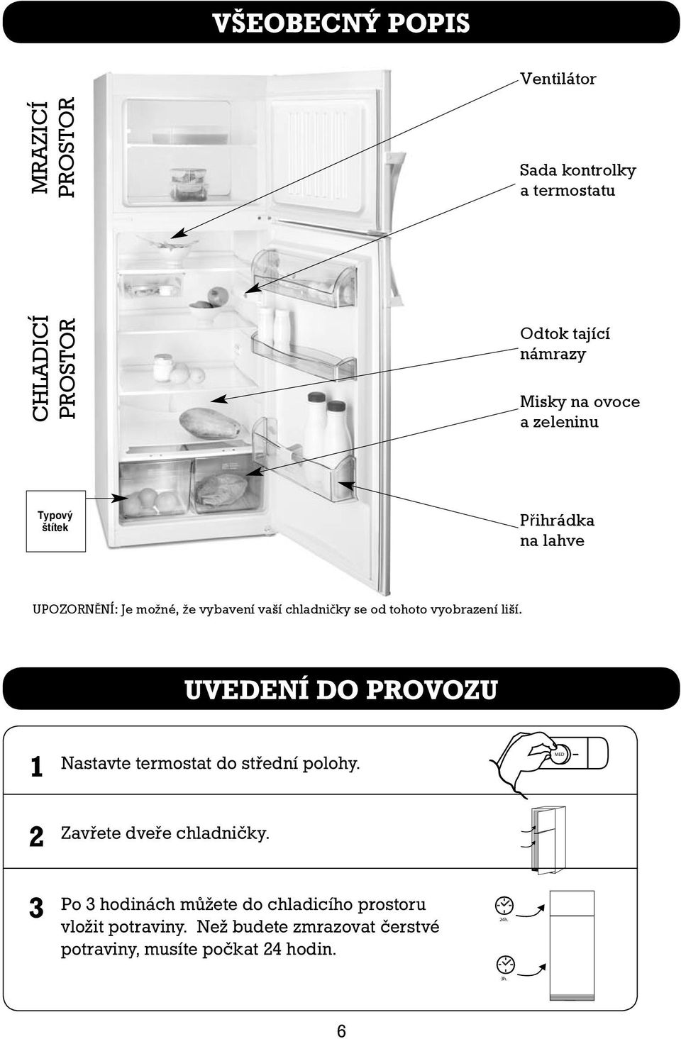 vyobrazení liší. UVEDENÍ DO PROVOZU 1 Nastavte termostat do střední polohy. MED 2 Zavřete dveře chladničky.