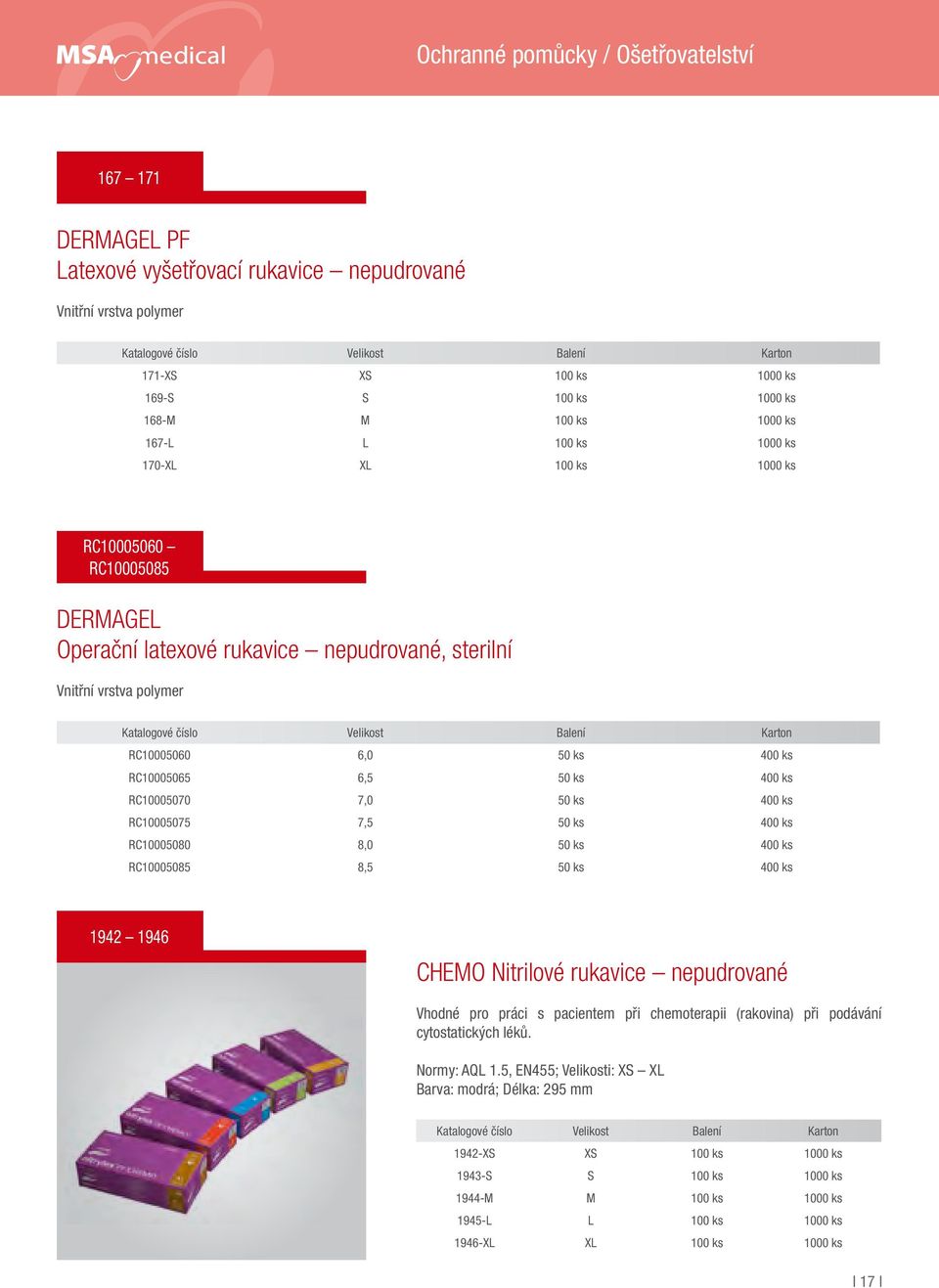 RC10005075 7,5 50 ks 400 ks RC10005080 8,0 50 ks 400 ks RC10005085 8,5 50 ks 400 ks 1942 1946 CHEMO Nitrilové rukavice nepudrované Vhodné pro práci s pacientem při chemoterapii (rakovina) při