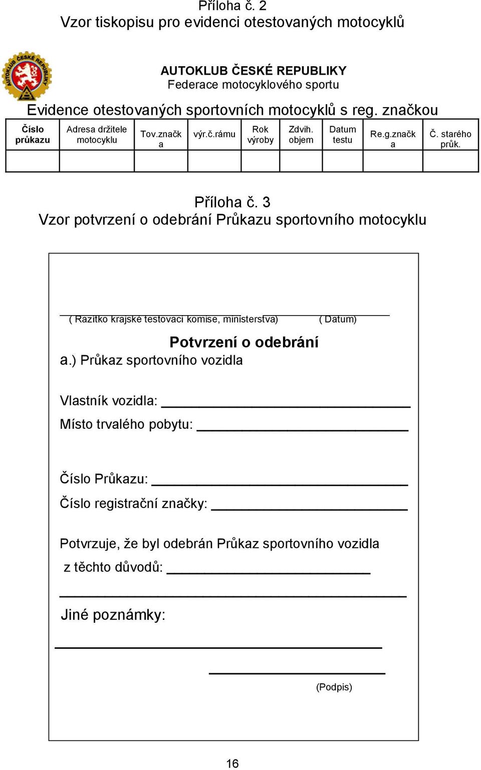 otestovaných sportovních motocyklů s reg. značkou Tov.značk a výr.č.rámu Rok výroby Zdvih. objem Datum testu Re.g.značk a Č. starého průk.