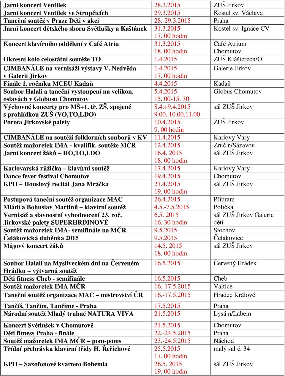 CIMBANÁLE na vernisáži výstavy V. Nedvěda 1.4.2015 Galerie Jirkov v Galerii Jirkov 17. 00 hodin Finále 1. ročníku MCEU Kadaň 4.4.2015 Kadaň Soubor Halali a taneční vystoupení na velikon. 5.4.2015 Globus Chomutov oslavách v Globusu Chomutov 15.