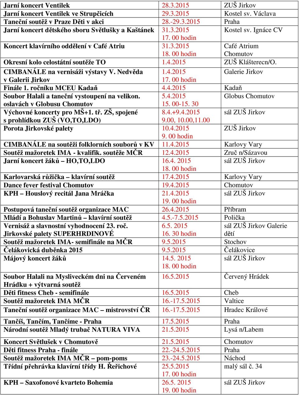 CIMBANÁLE na vernisáži výstavy V. Nedvěda 1.4.2015 Galerie Jirkov v Galerii Jirkov 17. 00 hodin Finále 1. ročníku MCEU Kadaň 4.4.2015 Kadaň Soubor Halali a taneční vystoupení na velikon. 5.4.2015 Globus Chomutov oslavách v Globusu Chomutov 15.