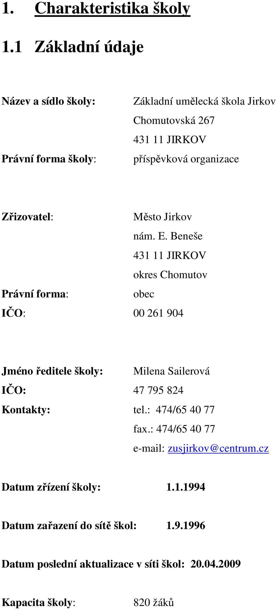 organizace Zřizovatel: Město Jirkov nám. E.