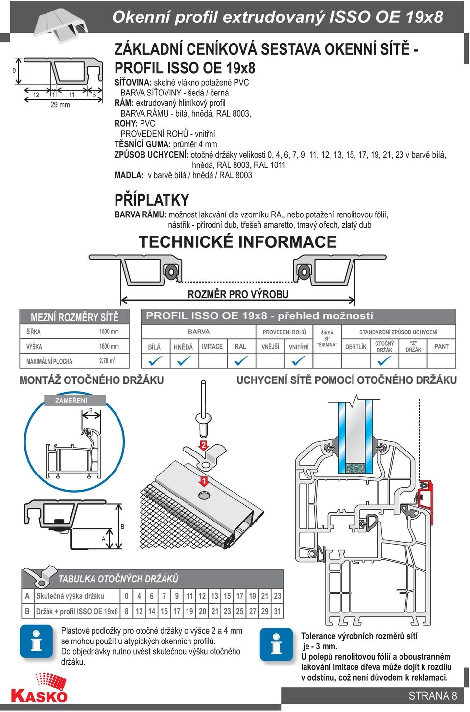 RÁMU: možnost lakování dle vzorníku RAL nebo potažení renolitovou fólií, nástøik - pøírodní dub, tøešeò amaretto, tmavý oøech, zlatý dub 1500 mm 1800 mm,70 m PROFIL ISSO OE 19x8 - pøehled možností