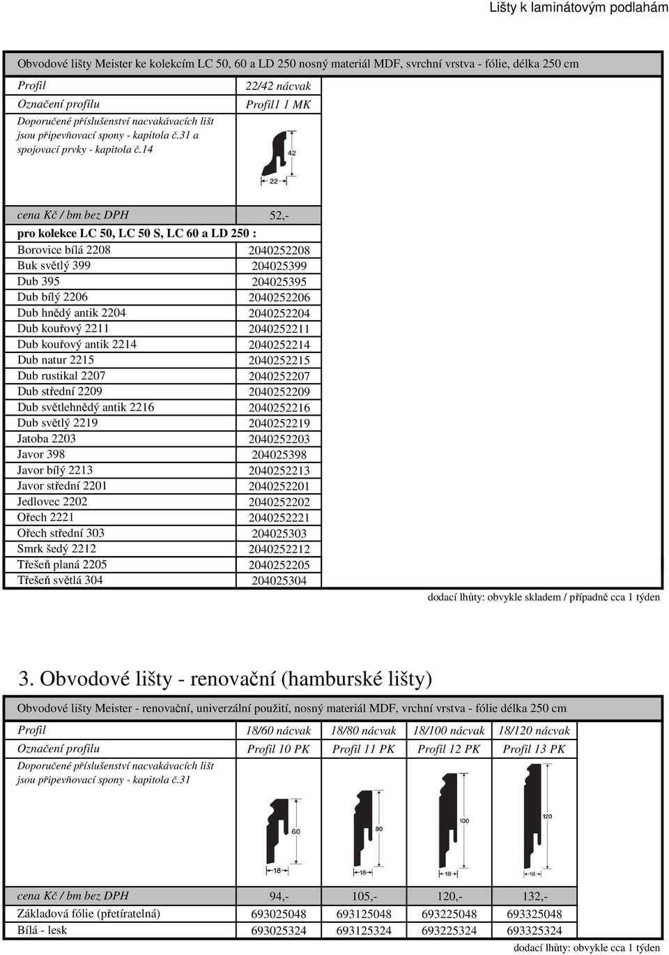 14 22/42 nácvak Profil1 1 MK 52,- pro kolekce LC 50, LC 50 S, LC 60 a LD 250 : Borovice bílá 2208 2040252208 Buk světlý 399 204025399 Dub 395 204025395 Dub bílý 2206 2040252206 Dub hnědý antik 2204