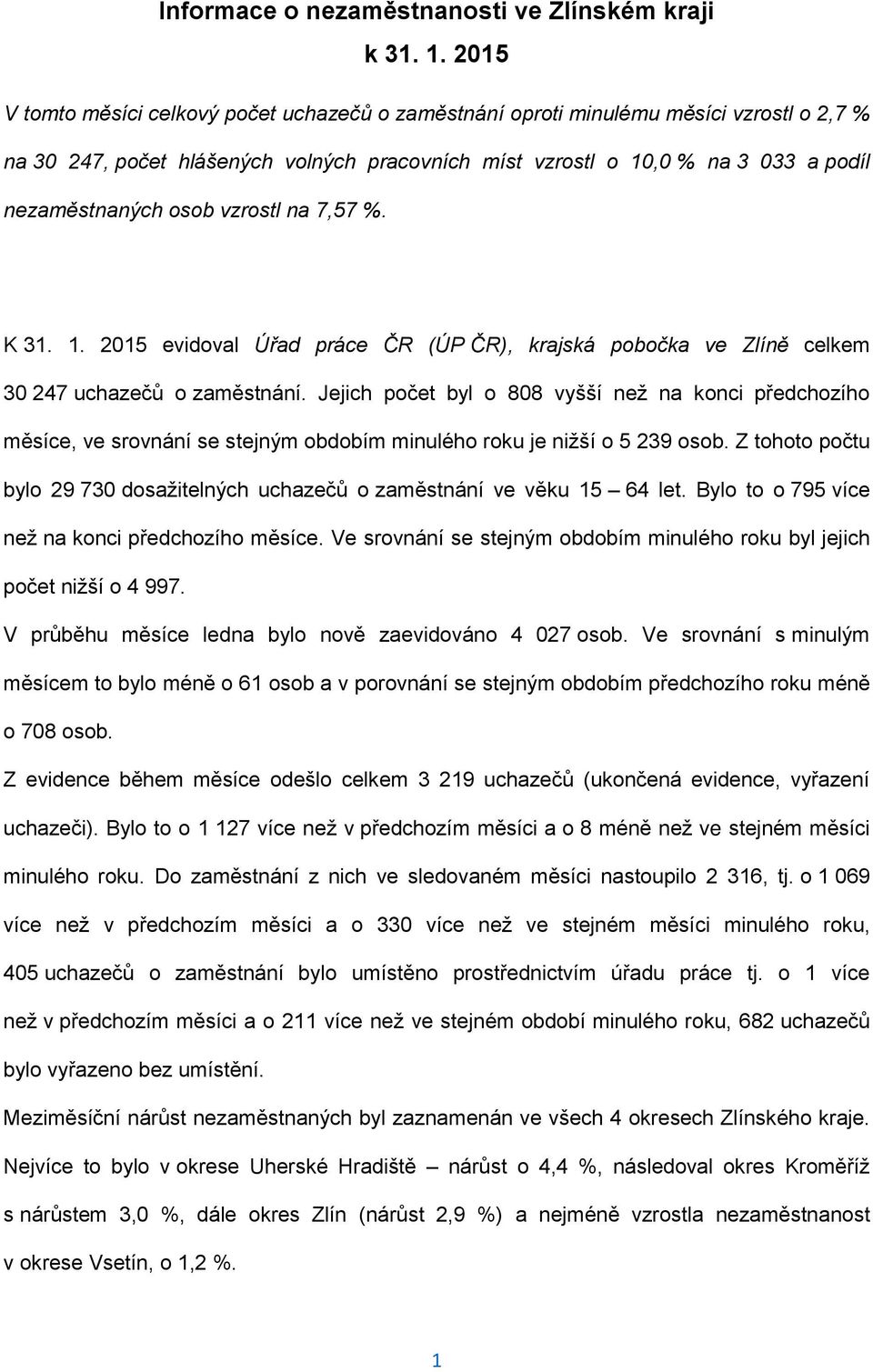 vzrostl na 7,57 %. K 31. 1. 2015 evidoval Úřad práce ČR (ÚP ČR), krajská pobočka ve Zlíně celkem 30 247 uchazečů o zaměstnání.