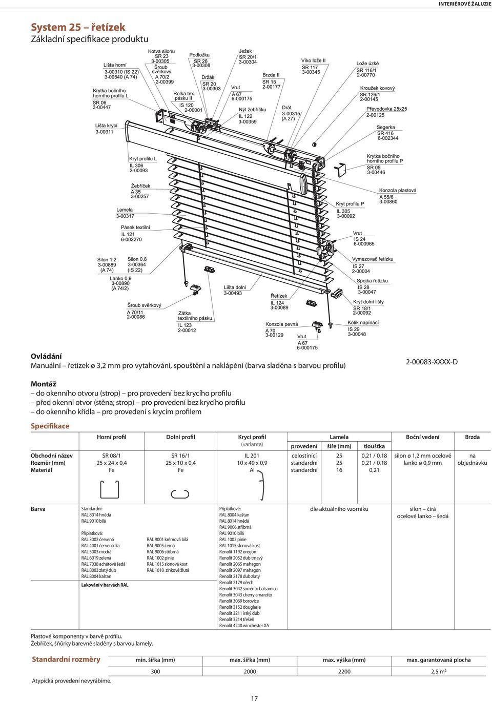 název Rozměr (mm) Materiál Horní profil Dolní profil Krycí profil (varianta) SR 08/1 25 x 24 x 0,4 Fe SR 16/1 25 x 10 x 0,4 Fe IL 201 10 x 49 x 0,9 Al Lamela Boční vedení Brzda provedení šíře (mm)