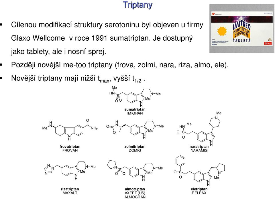 Později novější me-too triptany (frova, zolmi, nara, riza, almo, ele).