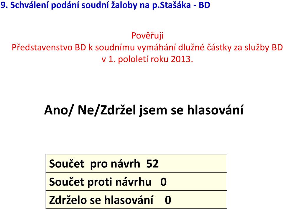 částky za služby BD v 1. pololetí roku 2013.