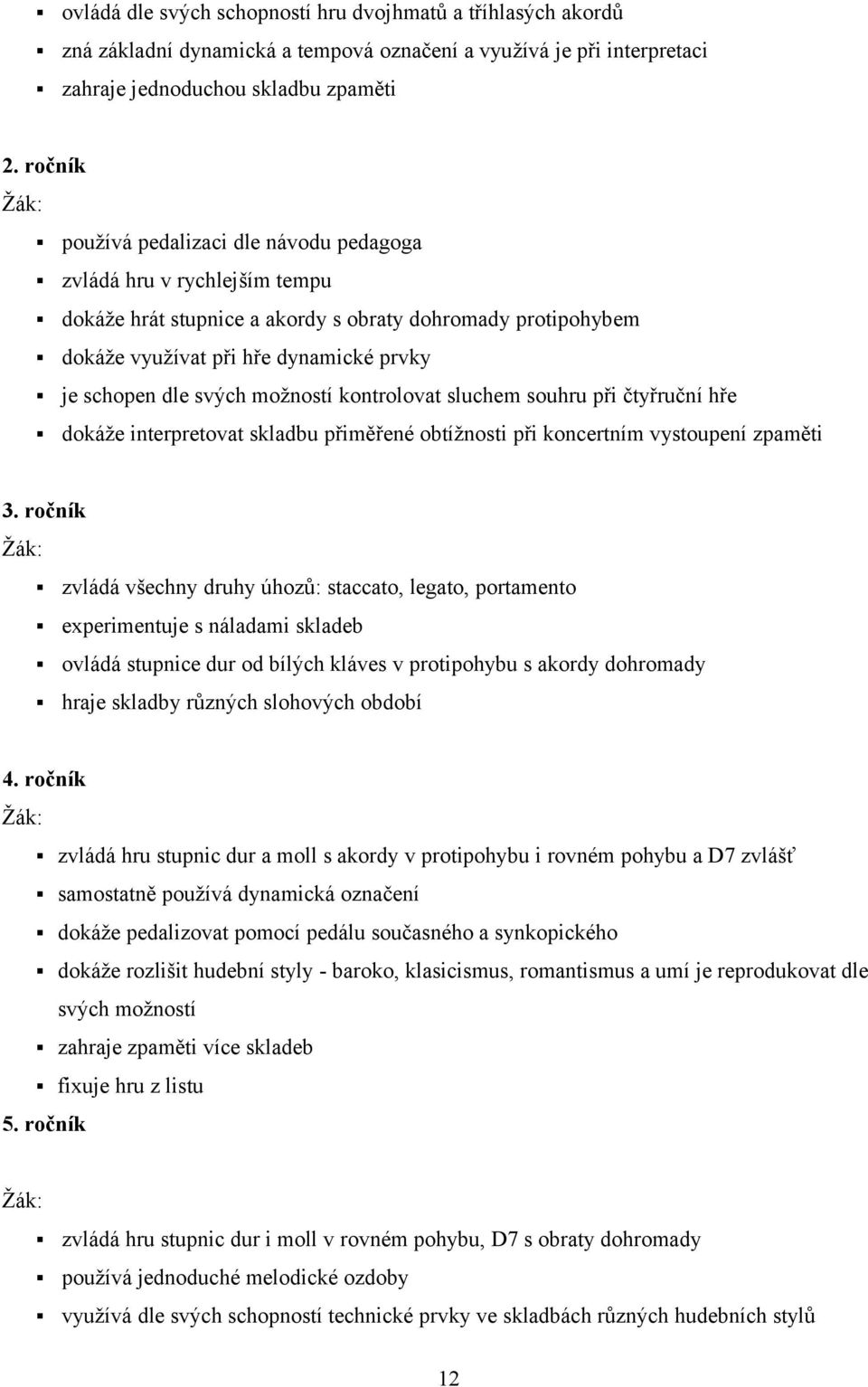 možností kontrolovat sluchem souhru při čtyřruční hře dokáže interpretovat skladbu přiměřené obtížnosti při koncertním vystoupení zpaměti 3.