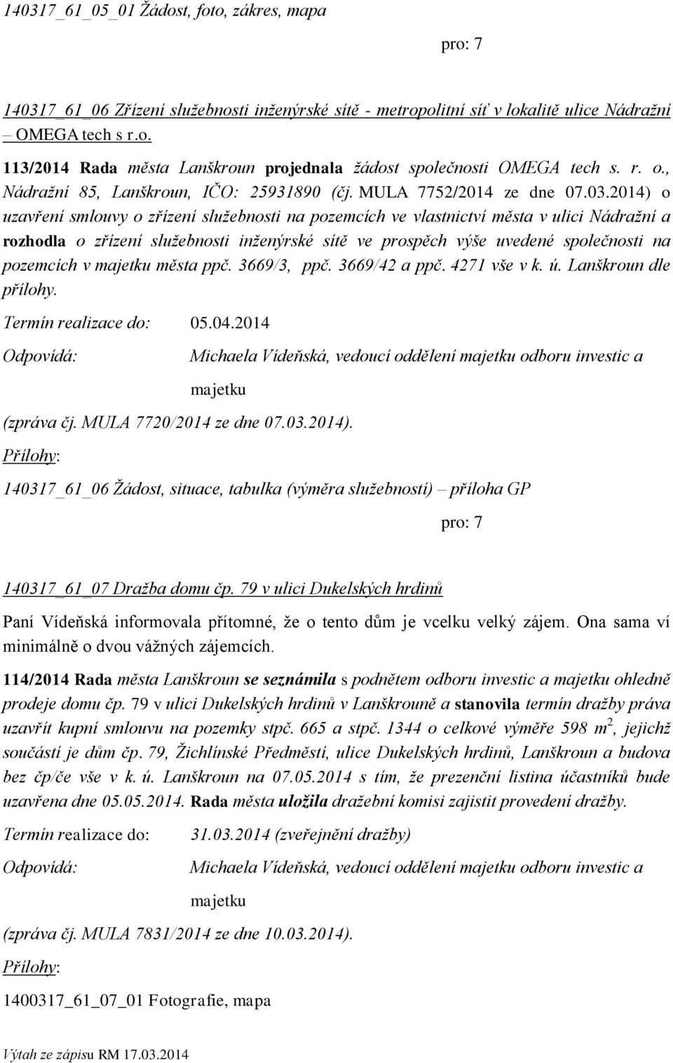 2014) o uzavření smlouvy o zřízení služebnosti na pozemcích ve vlastnictví města v ulici Nádražní a rozhodla o zřízení služebnosti inženýrské sítě ve prospěch výše uvedené společnosti na pozemcích v