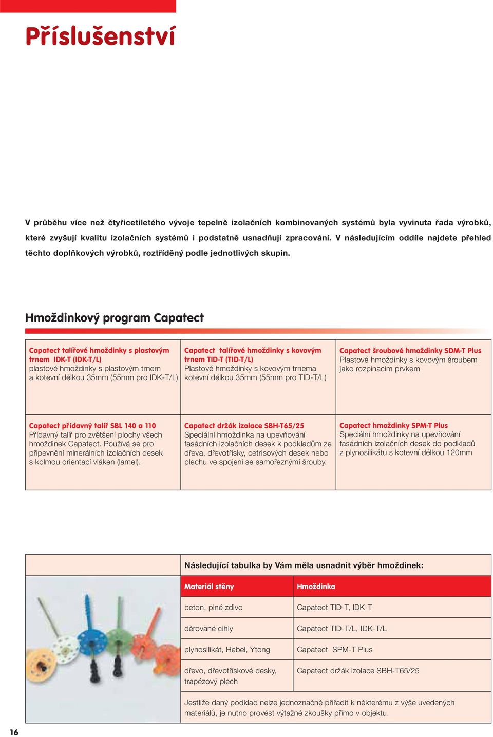 Hmoždinkový program Capatect Capatect talířové hmoždinky s plastovým trnem IDK-T (IDK-T/L) plastové hmoždinky s plastovým trnem a kotevní délkou 35mm (55mm pro IDK-T/L) Capatect talířové hmoždinky s