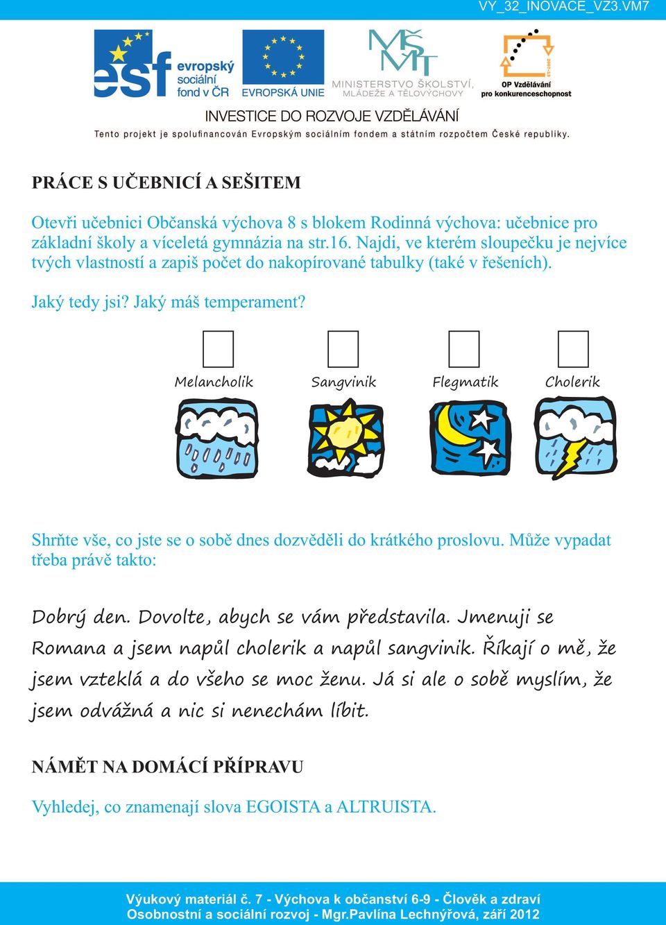 Shrňte vše, co jste se o sobě dnes dozvěděli do krátkého proslovu. Může vypadat třeba právě takto: Dobrý den. Dovolte, abych se vám představila.