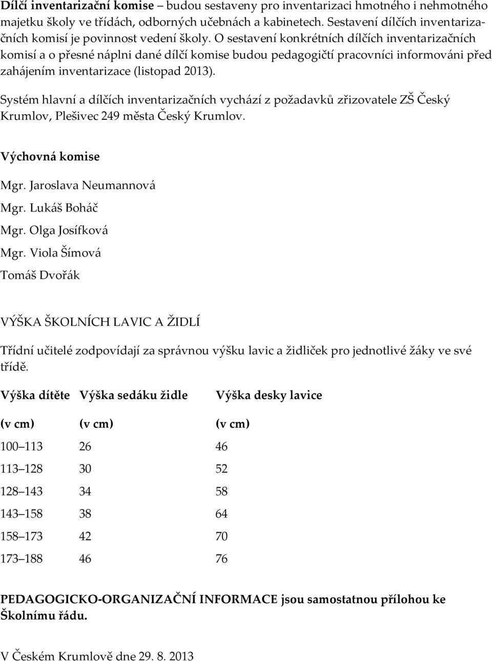 O sestavení konkrétních dílčích inventarizačních komisí a o přesné náplni dané dílčí komise budou pedagogičtí pracovníci informováni před zahájením inventarizace (listopad 2013).
