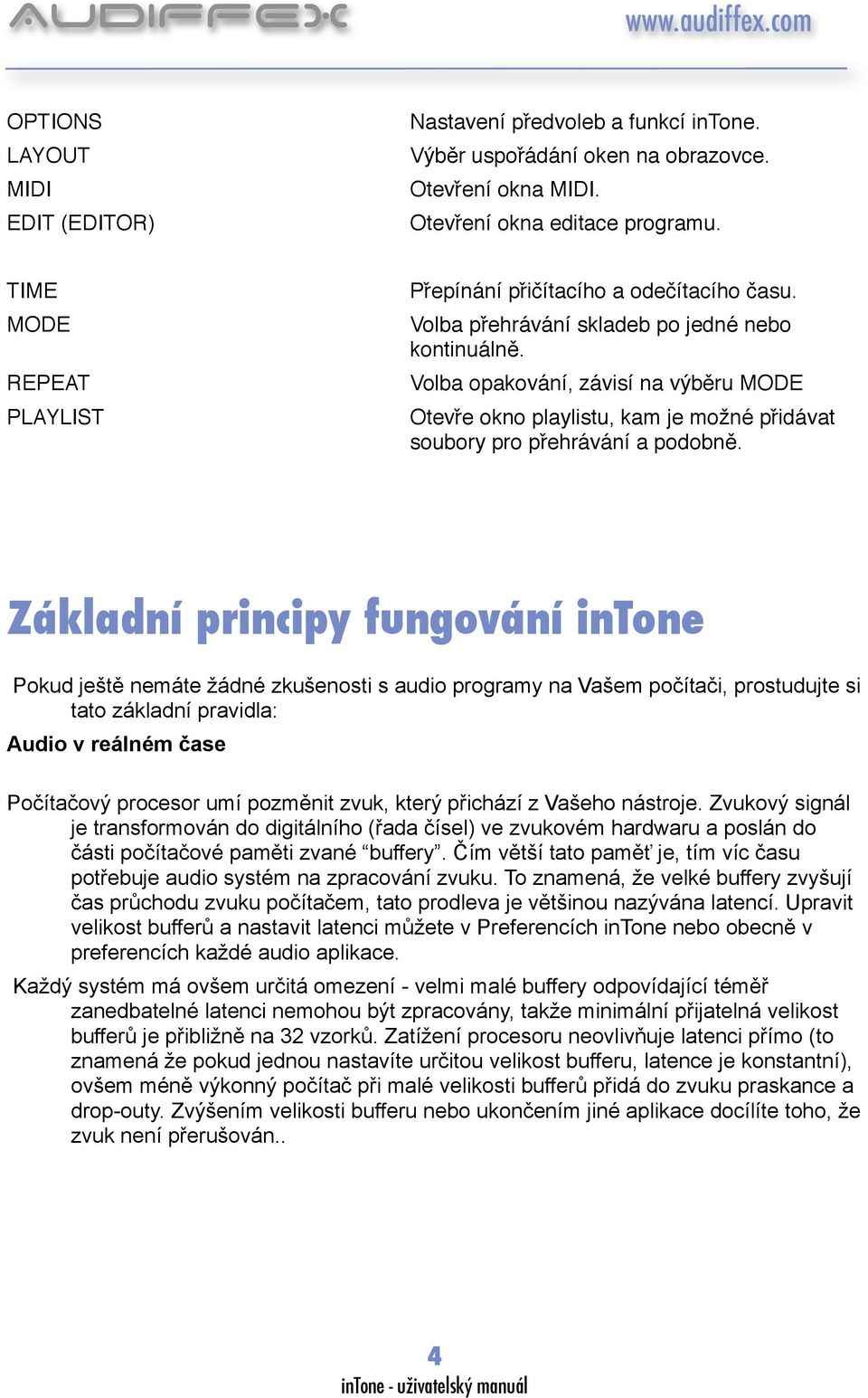 Volba opakování, závisí na výběru MODE Otevře okno playlistu, kam je možné přidávat soubory pro přehrávání a podobně.
