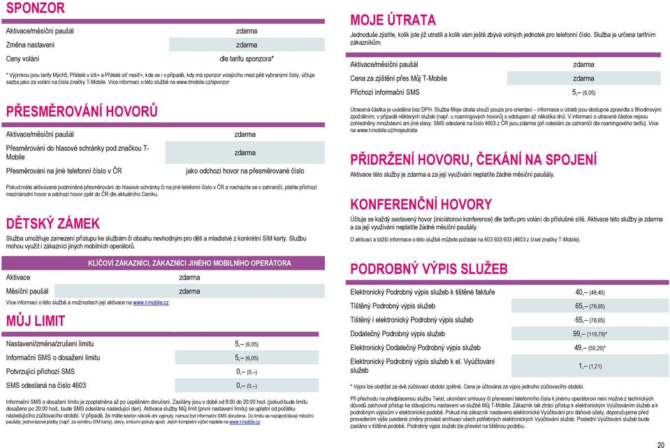 cz/sponzor PŘESMĚROVÁNÍ HOVORŮ Aktivace/měsíční paušál Přesměrování do hlasové schránky pod značkou T- Mobile Přesměrování na jiné telefonní číslo v ČR jako odchozí hovor na přesměrované číslo Pokud