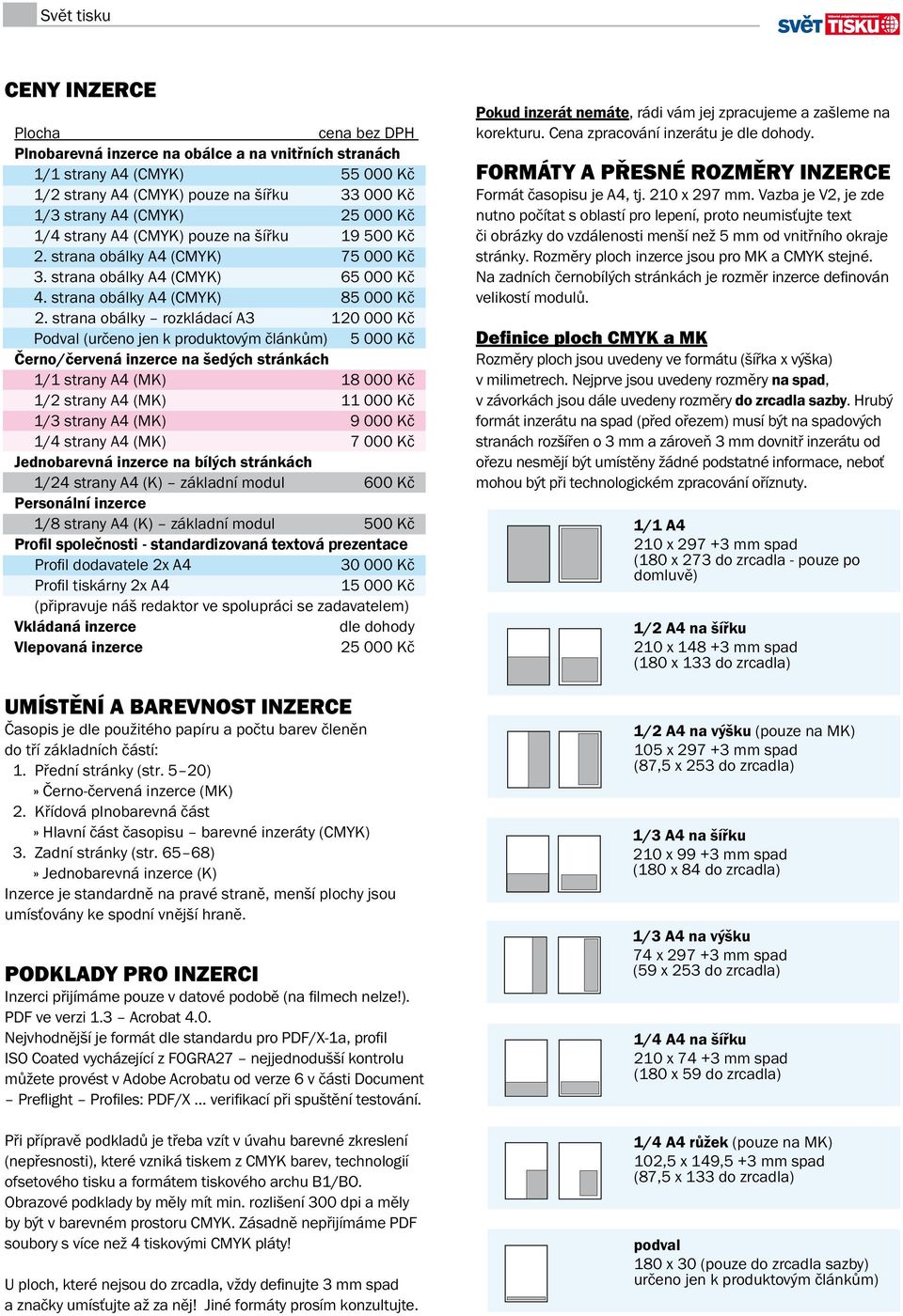 strana obálky rozkládací A3 120 000 Kč Podval (určeno jen k produktovým článkům) 5 000 Kč Černo/červená inzerce na šedých stránkách 1/1 strany A4 (MK) 18 000 Kč 1/2 strany A4 (MK) 11 000 Kč 1/3