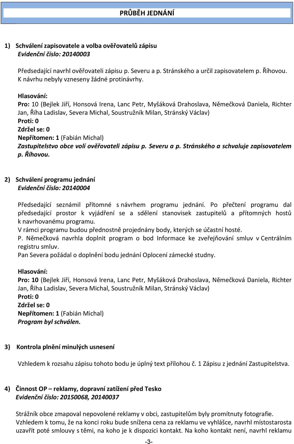 Hlasování: Pro: 10 (Bejlek Jiří, Honsová Irena, Lanc Petr, Myšáková Drahoslava, Němečková Daniela, Richter Jan, Říha Ladislav, Severa Michal, Soustružník Milan, Stránský Václav) Proti: 0 Zdržel se: 0