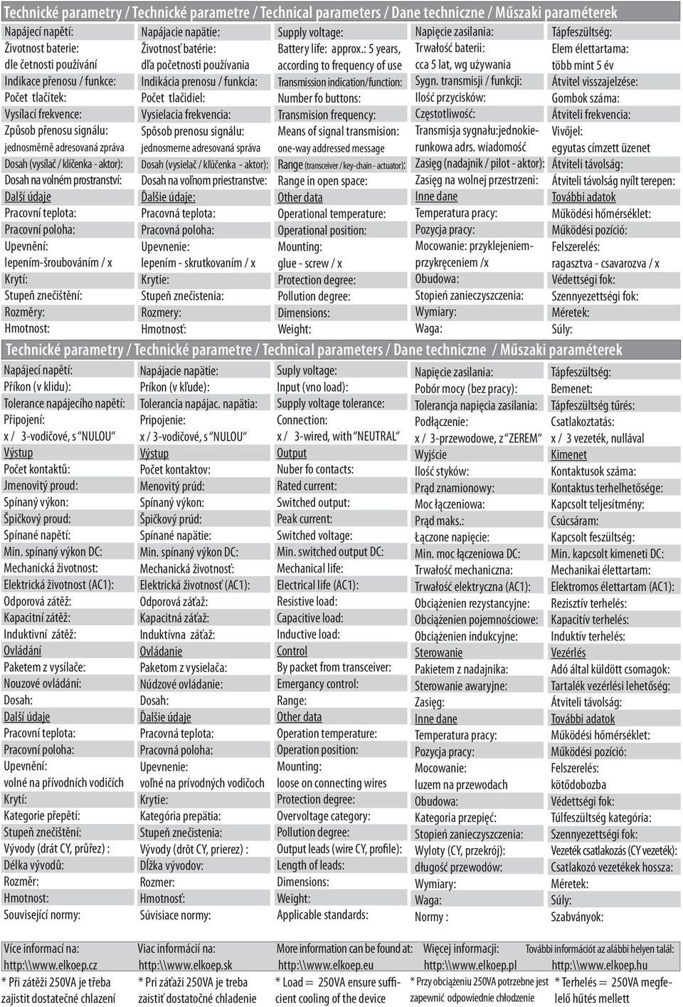 Upevnění: lepením-šroubováním / x Krytí: Stupeň znečištění: Rozměry: Hmotnost: Napájacie napätie: Životnosť batérie: dľa početnosti používania Indikácia prenosu / funkcia: Počet tlačidiel: Vysielacia