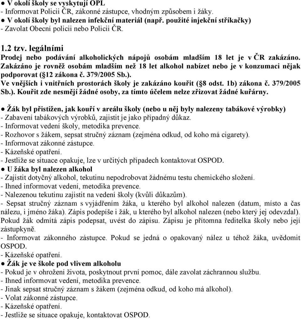 Zakázáno je rovněž osobám mladším než 18 let alkohol nabízet nebo je v konzumaci nějak podporovat ( 12 zákona č. 379/2005 Sb.). Ve vnějších i vnitřních prostorách školy je zakázáno kouřit ( 8 odst.