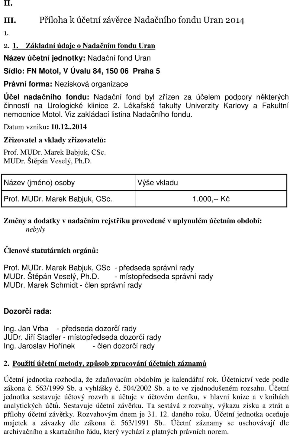 byl zřízen za účelem podpory některých činností na Urologické klinice 2. Lékařské fakulty Univerzity Karlovy a Fakultní nemocnice Motol. Viz zakládací listina Nadačního fondu. Datum vzniku: 10.12.