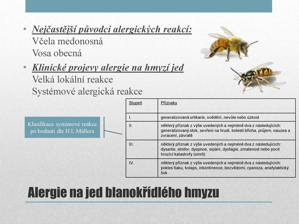 některý příznak z výše uvedených a nejméně dva z následujících: generalizovaný otok, sevření na hrudi, bolesti břicha, průjem, nauzea a zvracení, závratě III. IV.