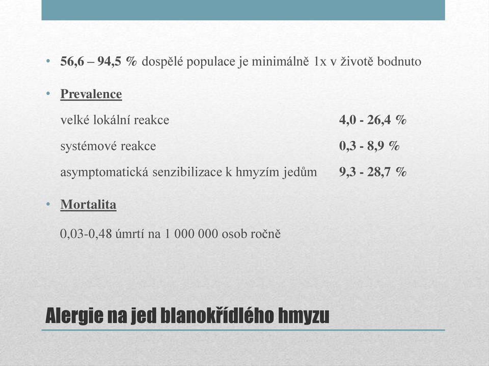 % asymptomatická senzibilizace k hmyzím jedům 9,3-28,7 % Mortalita