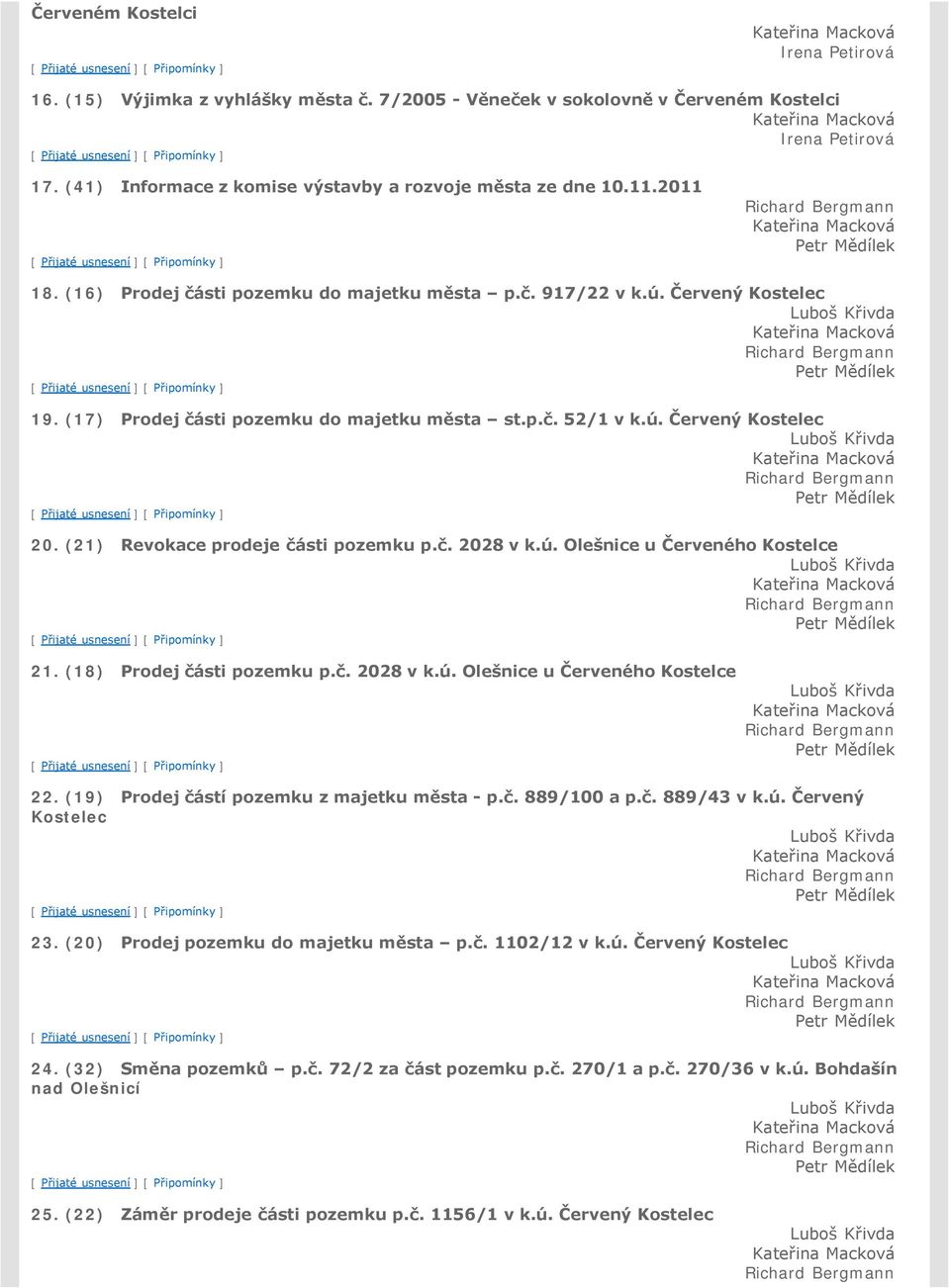 ú. Červený Kostelec Luboš Křivda Prodej části pozemku do majetku města st.p.č. 52/1 v k.ú. Červený Kostelec Luboš Křivda Prodej části pozemku p.č. 2028 v k.ú. Olešnice u Červeného Kostelce Luboš Křivda Prodej částí pozemku z majetku města - p.