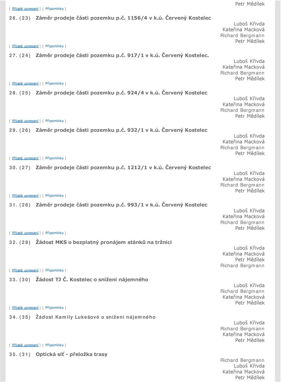 (28) Záměr prodeje části pozemku p.č. 993/1 v k.ú. Červený Kostelec 32. (29) Žádost MKS o bezplatný pronájem stánků na tržnici 33. (30) Žádost TJ Č. Kostelec o snížení nájemného 34.