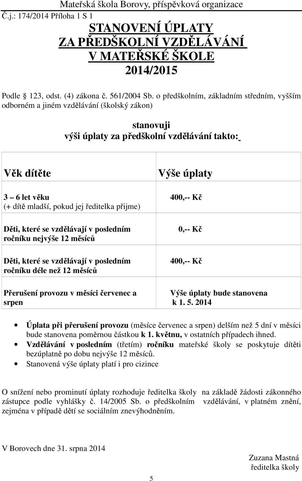 přijme) Děti, které se vzdělávají v posledním ročníku nejvýše 12 měsíců Děti, které se vzdělávají v posledním ročníku déle než 12 měsíců Přerušení provozu v měsíci červenec a srpen Výše úplaty 400,--