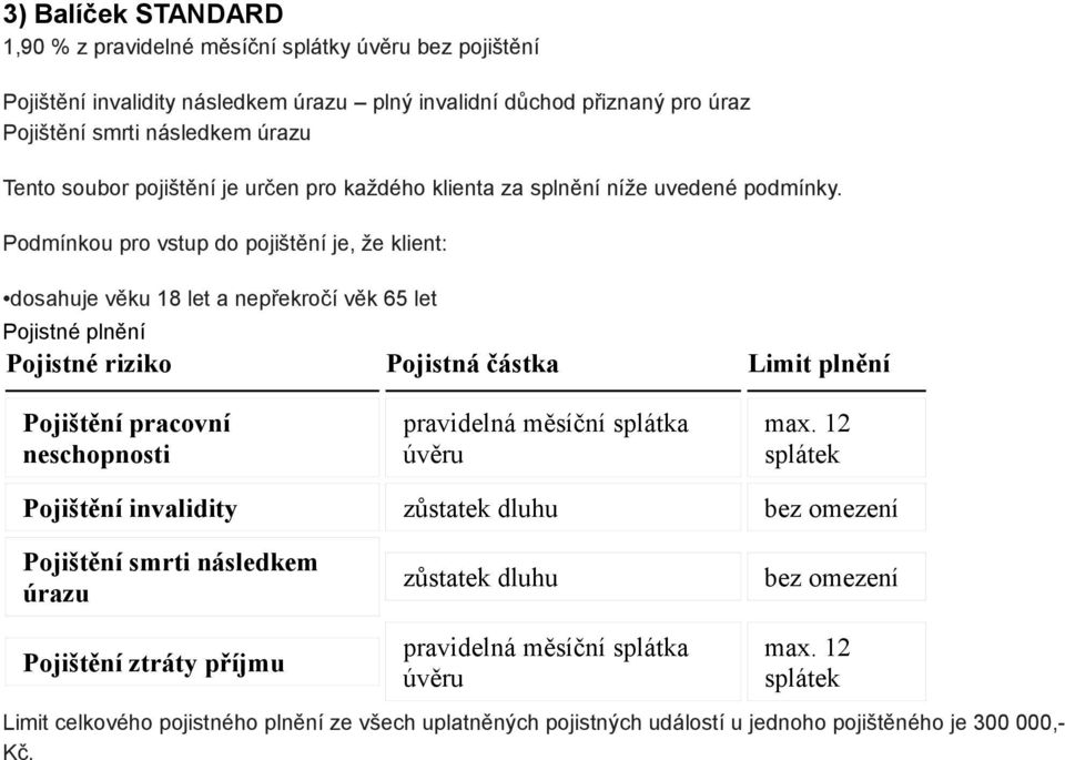 Podmínkou pro vstup do pojištění je, že klient: dosahuje věku 18 let a nepřekročí věk 65 let Pojistné plnění Pojistné riziko Pojistná částka Limit plnění Pojištění pracovní neschopnosti