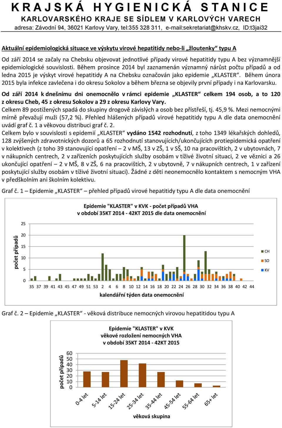 významnější epidemiologické souvislosti. Během prosince 214 byl zaznamenán významný nárůst počtu případů a od ledna 2 je výskyt virové hepatitidy A na Chebsku označován jako epidemie KLASTER.