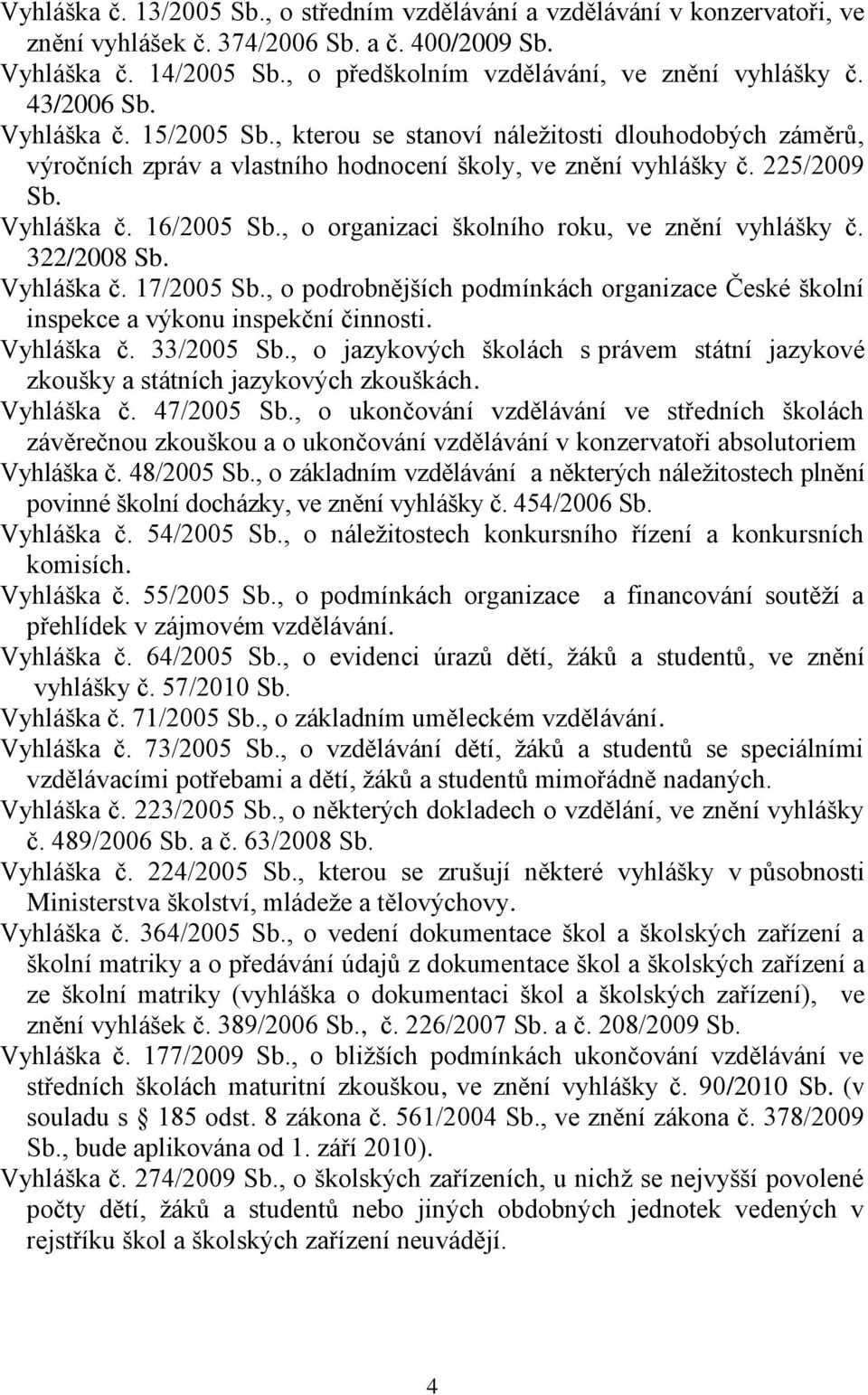 , o organizaci školního roku, ve znění vyhlášky č. 322/2008 Sb. Vyhláška č. 17/2005 Sb., o podrobnějších podmínkách organizace České školní inspekce a výkonu inspekční činnosti. Vyhláška č. 33/2005 Sb.