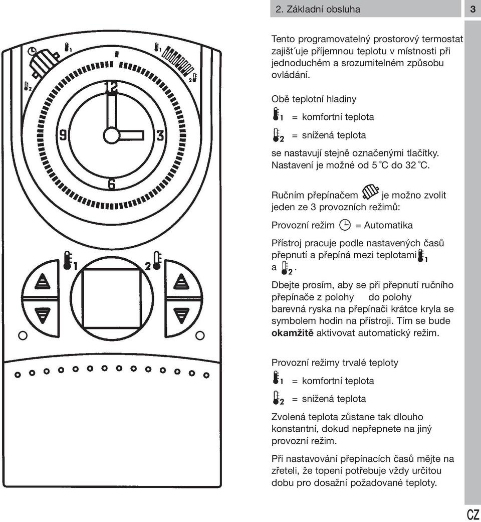 Ručním přepínačem je možno zvolit jeden ze 3 provozních režimů: Provozní režim = Automatika Přístroj pracuje podle nastavených časů přepnutí a přepíná mezi mi a.