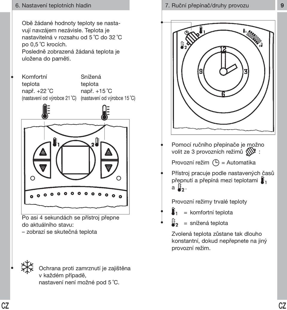 +15 C (nastavení od výrobce 15 C) Pomocí ručního přepínače je možno volit ze 3 provozních režimů : Provozní režim = Automatika Přístroj pracuje podle nastavených časů přepnutí a přepíná mezi mi a.