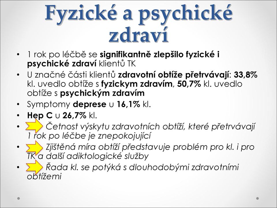 uvedlo obtíže s psychickým zdravím Symptomy deprese u 16,1% kl. Hep C u 26,7% kl.