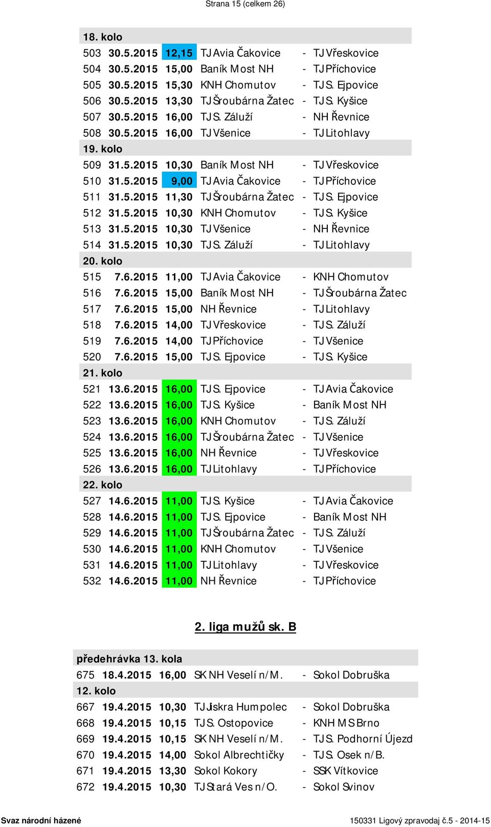 5.2015 11,30 TJ Šroubárna Žatec - TJ S. Ejpovice 512 31.5.2015 10,30 KNH Chomutov - TJ S. Kyšice 513 31.5.2015 10,30 TJ Všenice - NH Řevnice 514 31.5.2015 10,30 TJ S. Záluží - TJ Litohlavy 20.