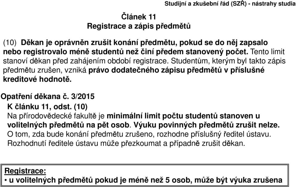 Opatření děkana č. 3/2015 K článku 11, odst. (10) Na přírodovědecké fakultě je minimální limit počtu studentů stanoven u volitelných předmětů na pět osob. Výuku povinných předmětů zrušit nelze.