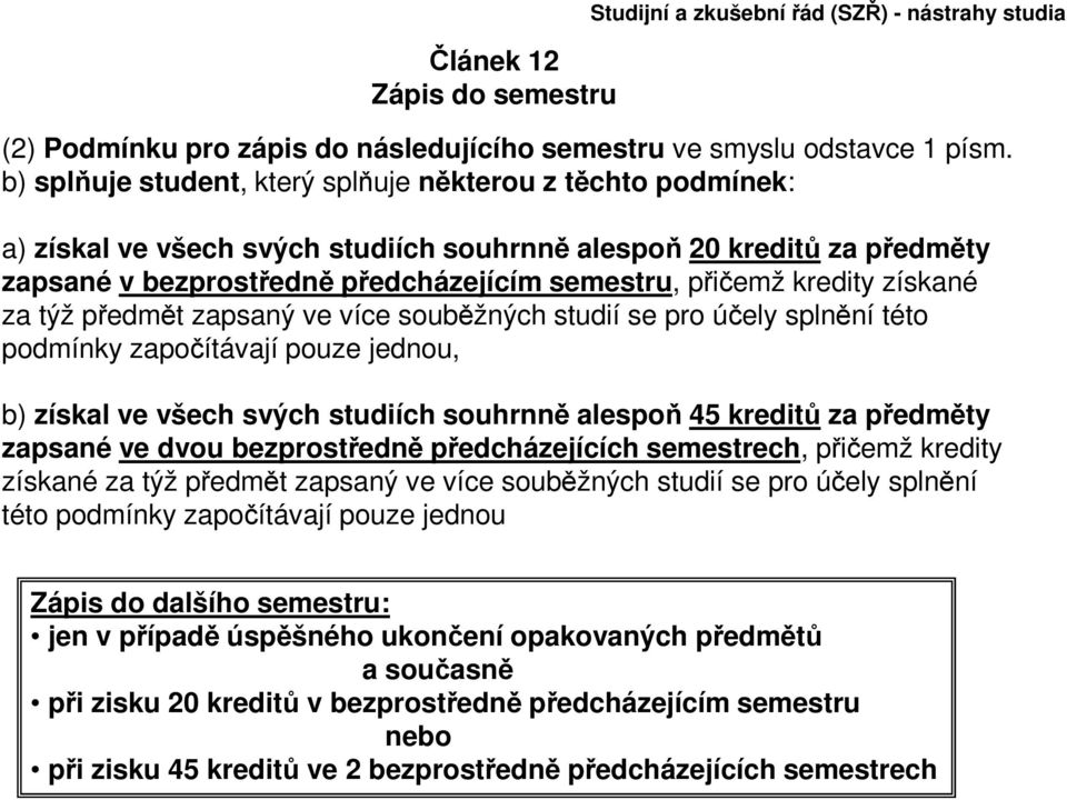 kredity získané za týž předmět zapsaný ve více souběžných studií se pro účely splnění této podmínky započítávají pouze jednou, b) získal ve všech svých studiích souhrnně alespoň 45 kreditů za