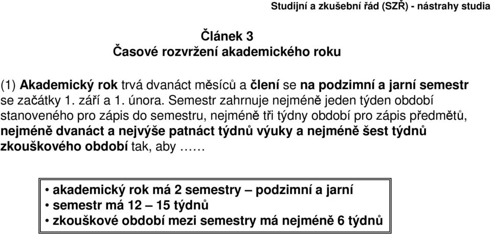 Semestr zahrnuje nejméně jeden týden období stanoveného pro zápis do semestru, nejméně tři týdny období pro zápis