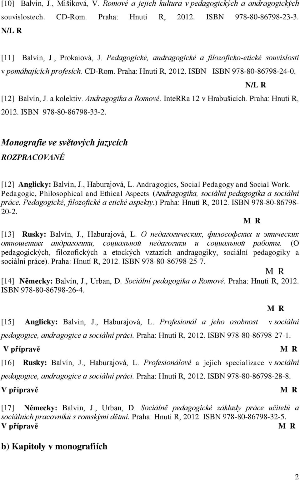 InteRRa 12 v Hrabuńicích. Praha: Hnutí R, 2012. ISBN 978-80-86798-33-2. Monografie ve světových jazycích ROZPRACOVANÉ [12] Anglicky: Balvín, J., Haburajová, L.
